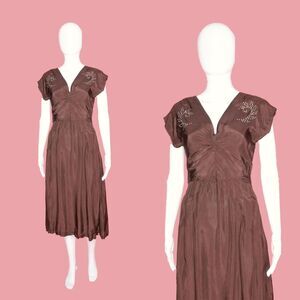 1970s YOUNG EDWARDIAN by ARPEJA Short Sleeve Dress W/Rhinestones. Small. AS IS